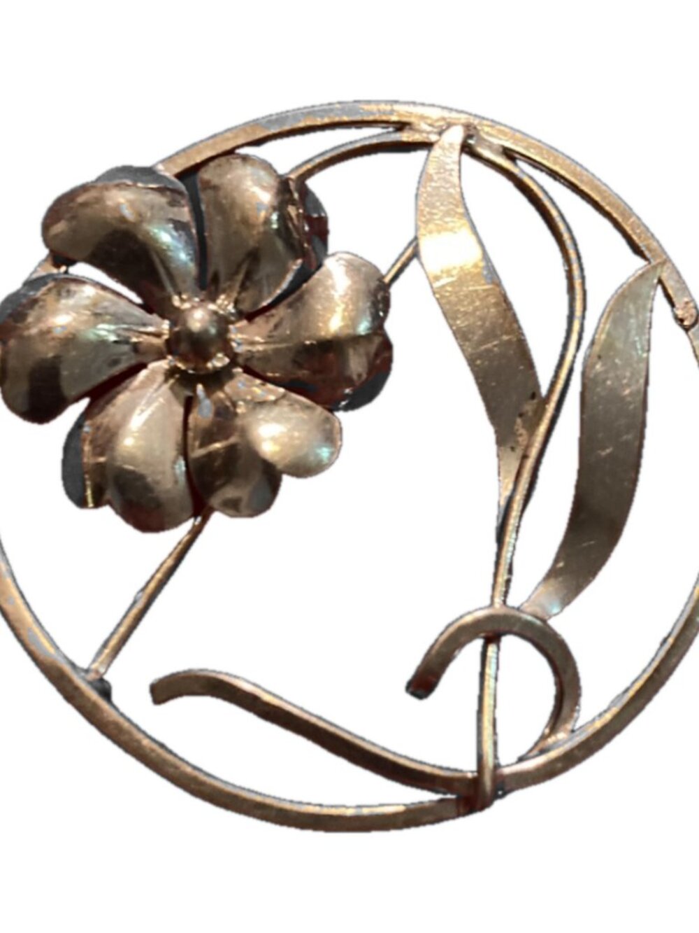 Vintage Sterling Silver Open Circle Flower Brooch Pin Retro Floral Leaf Design
